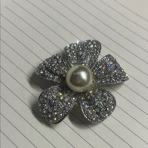 Premier Designs Silver Floral Brooch with Pearl and Sparkling Details